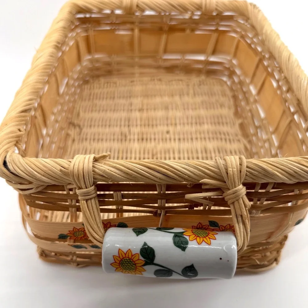 Vintage Sunflower Woven Basket Tray Ceramic Handles Cottagecore Kitchen Decor